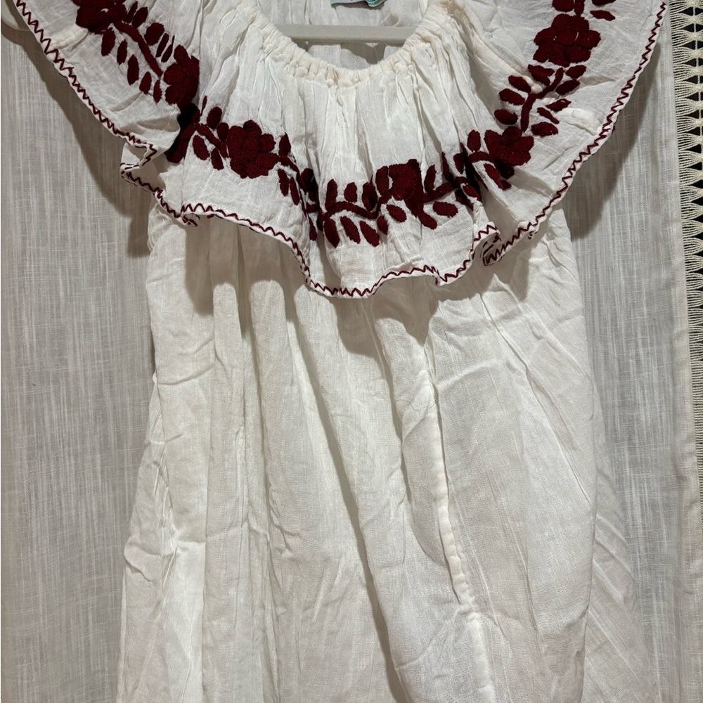Ativa White and Red Pleated Sundress with Off-the-Shoulder Neckline
